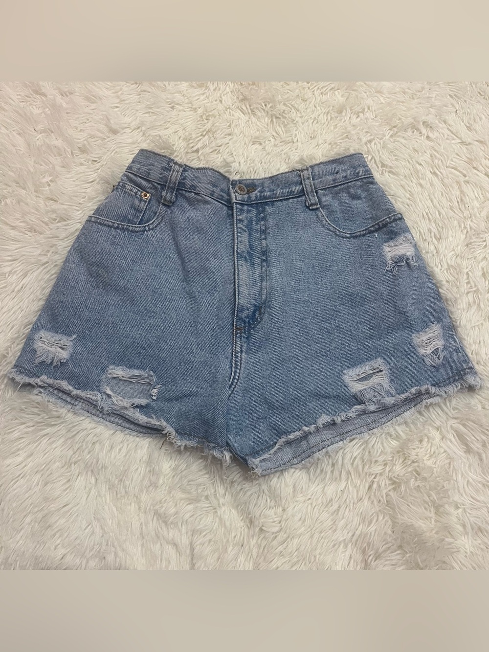 Vintage Steel High-Waist Distressed Denim Shorts Size 11 USA Light Blue